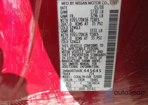 2008 Nissan Frontier Se from USA, damaged, VIN 1N6AD07UX8C445645